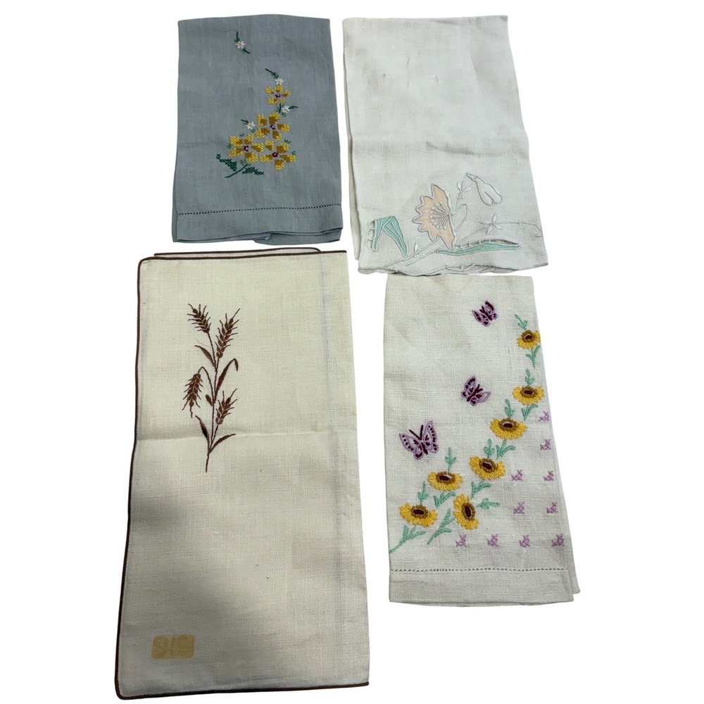 Vintage Embroidered Napkins Lot of 4 Floral Butterfly Wheat Linen Cotton